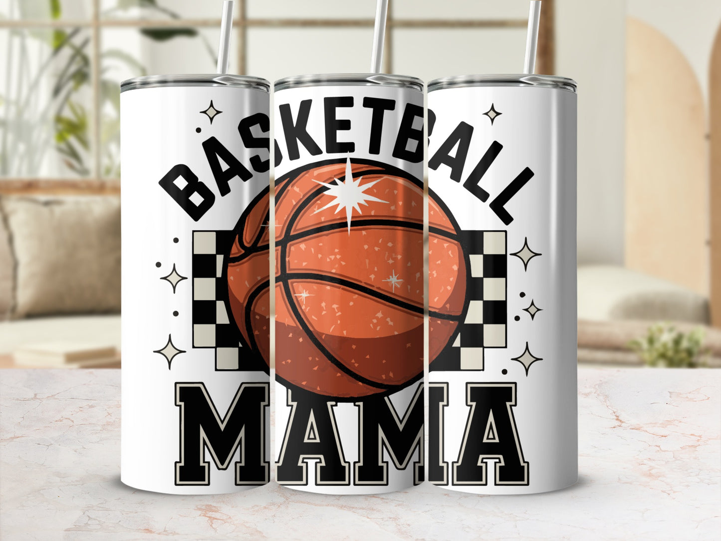 White tumbler with "Basketball Mama" text and basketball graphic.