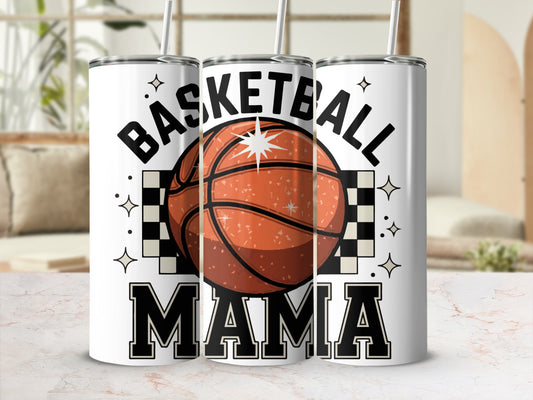 White tumbler with "Basketball Mama" text and basketball graphic.