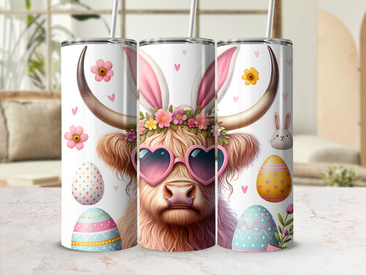 Highland cow wearing bunny ears and heart sunglasses with Easter eggs.