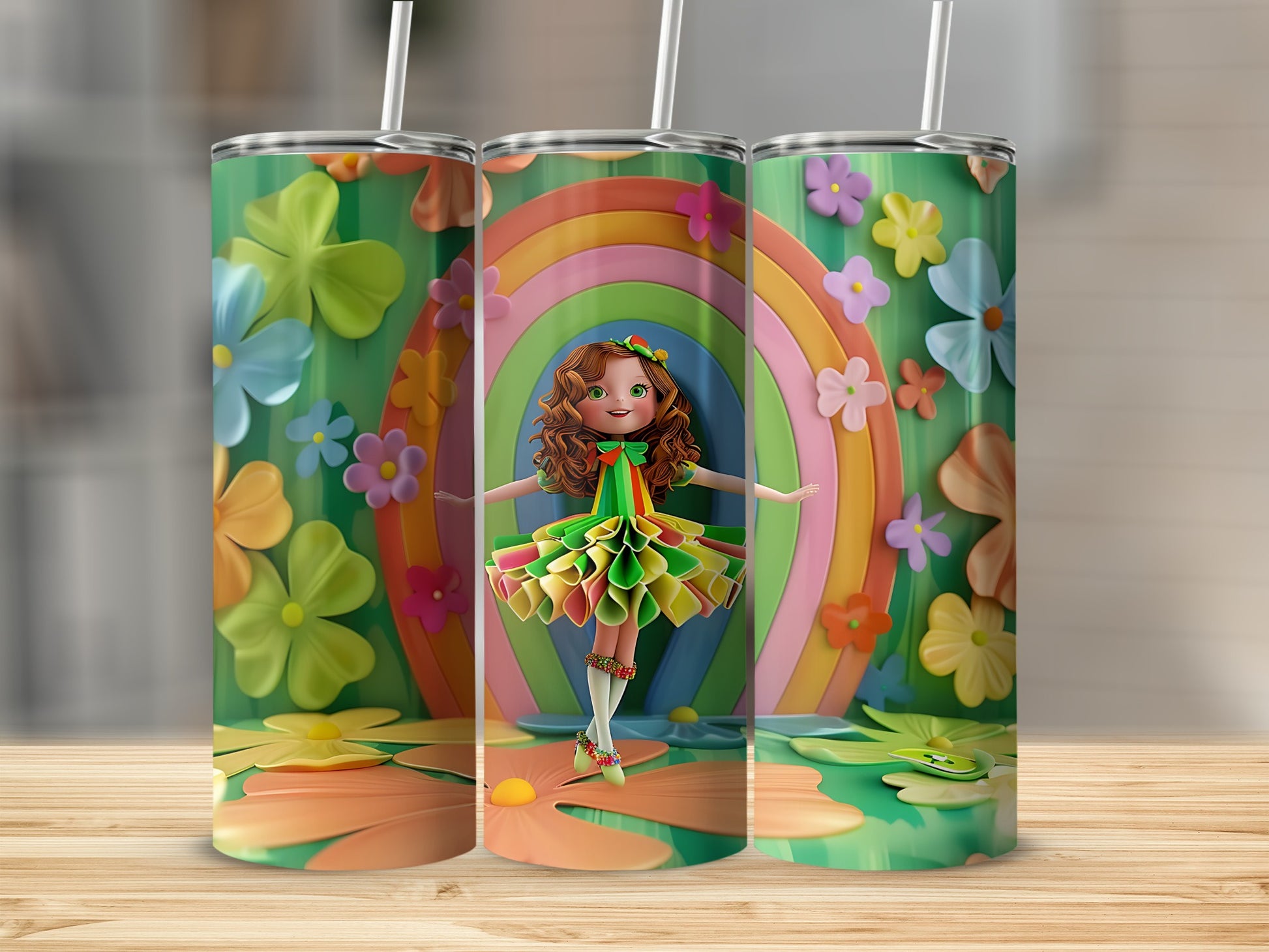 Rainbow and flower-themed tumbler featuring a cartoon doll.