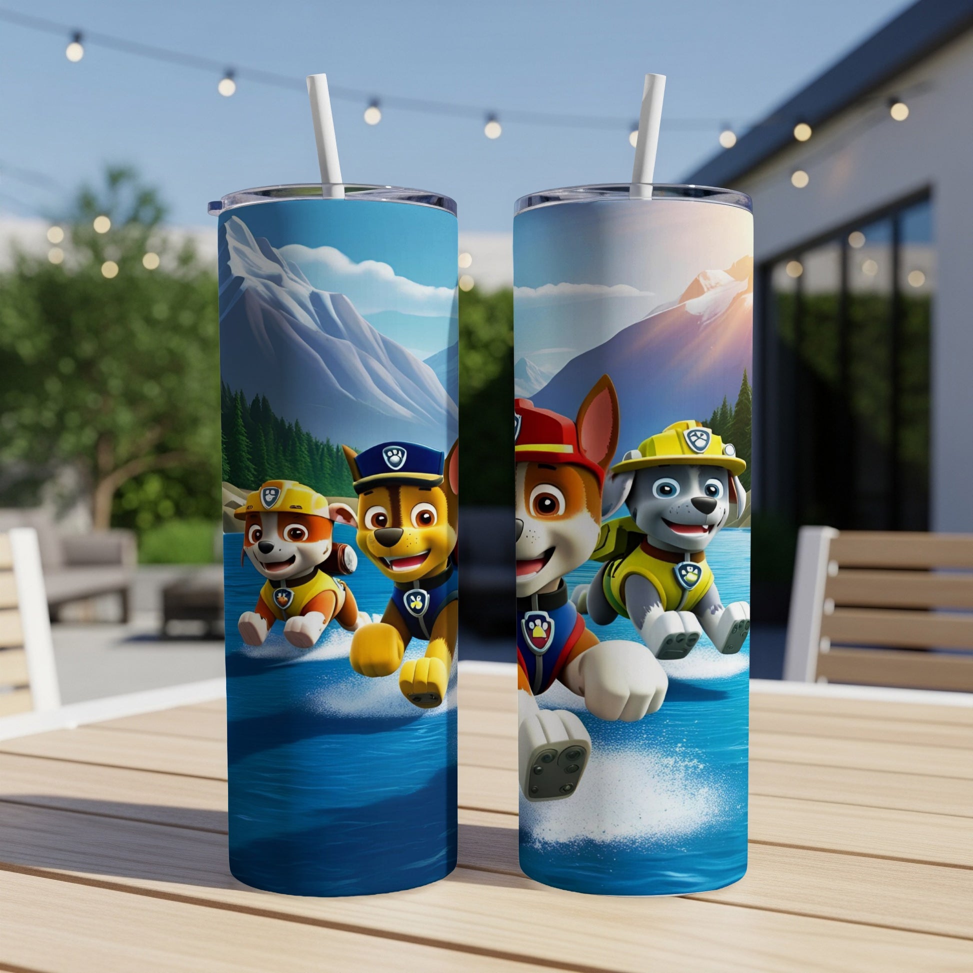 Paw Patrol characters Zuma, Chase, and Ryder ride on water, depicted on two tumblers.