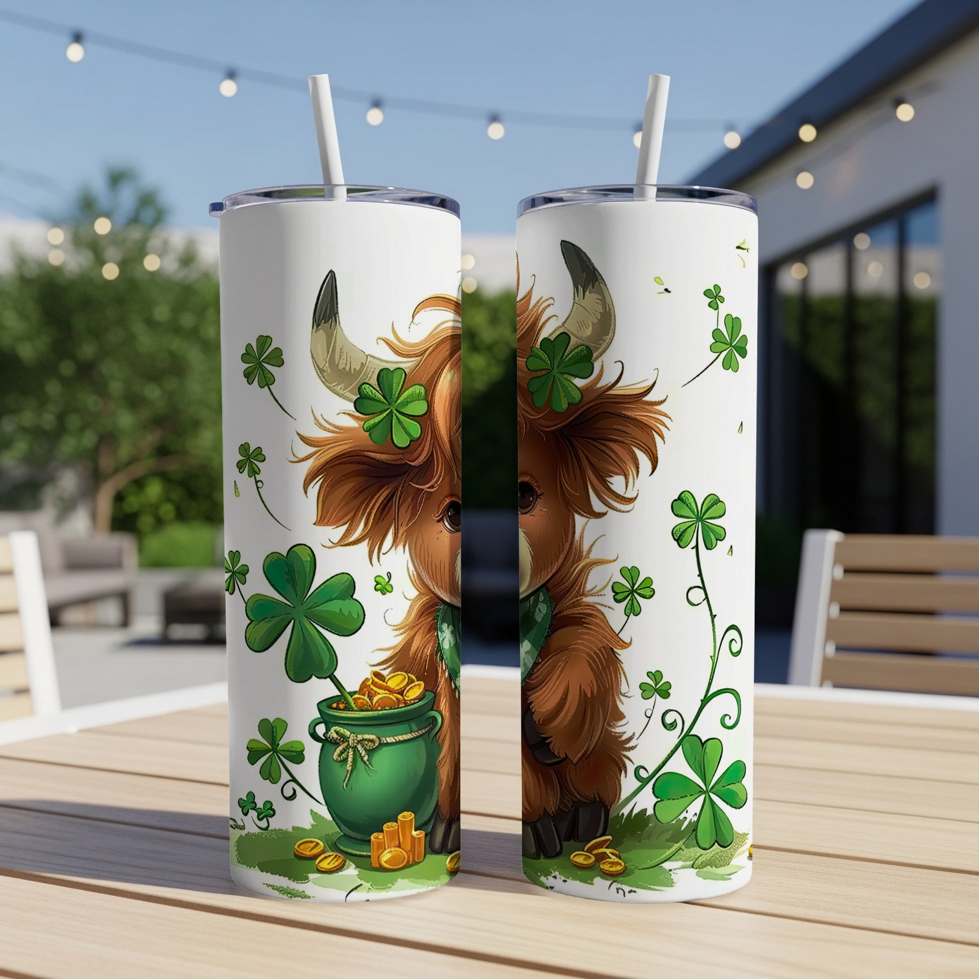 St. Patrick's Day tumbler featuring a Highland cow, pot of gold, and shamrocks.
