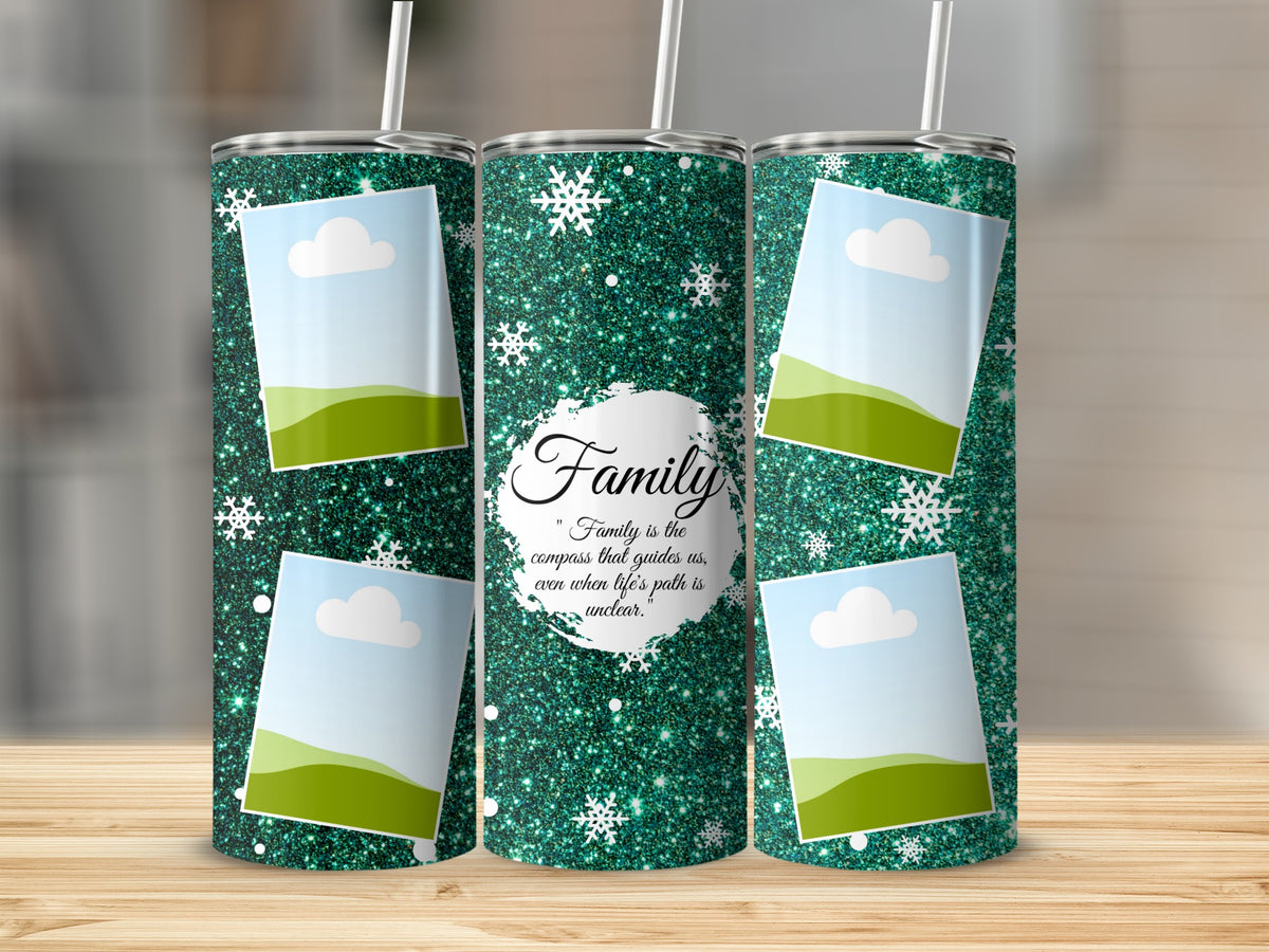 Green glitter tumbler with snowflakes, photo frames, and "Family" quote.