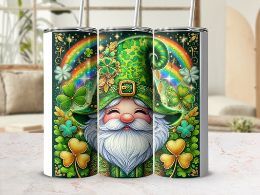 Green gnome with rainbow and shamrocks on a tumbler.