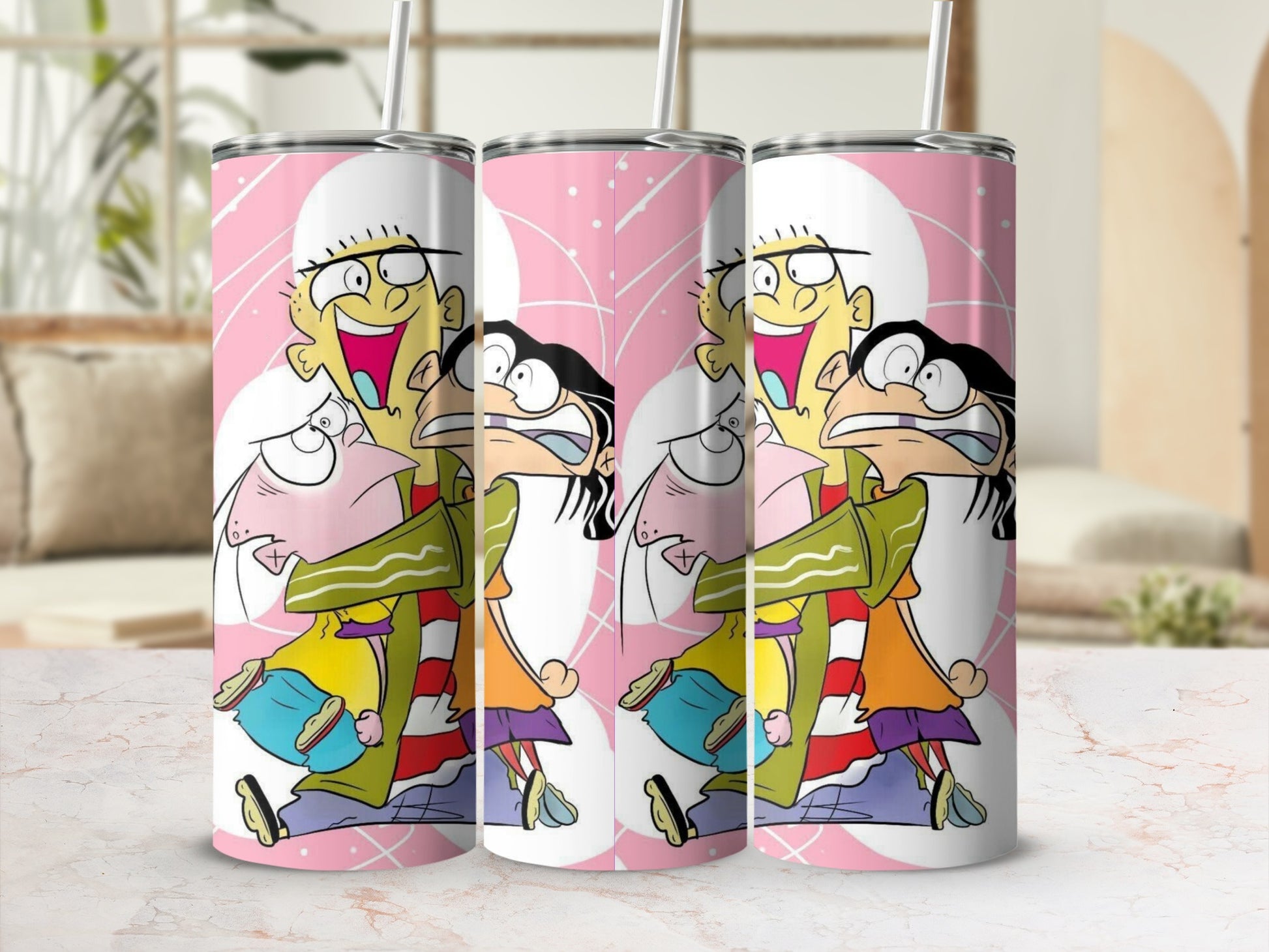 Fun Cartoon Characters Tumbler with Pink Background