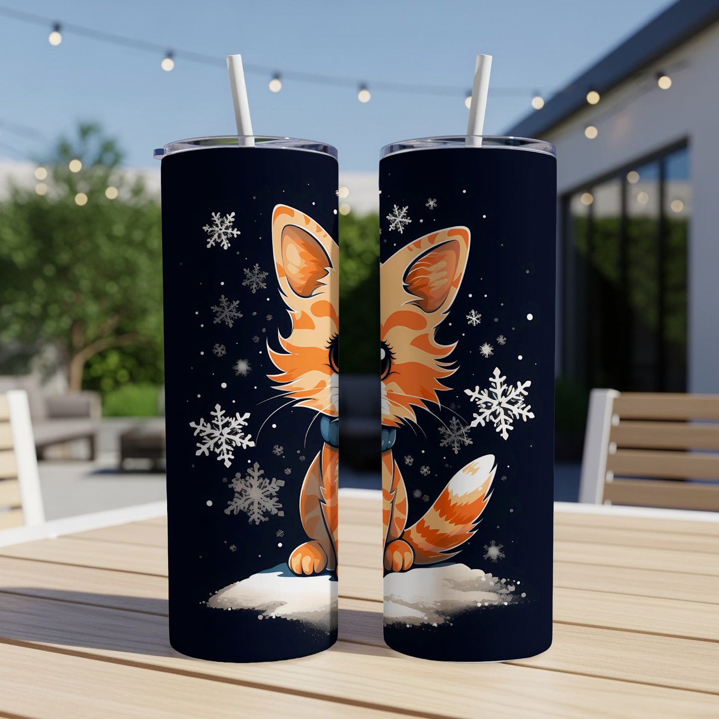 Orange tabby cat with snowflakes on a dark background.