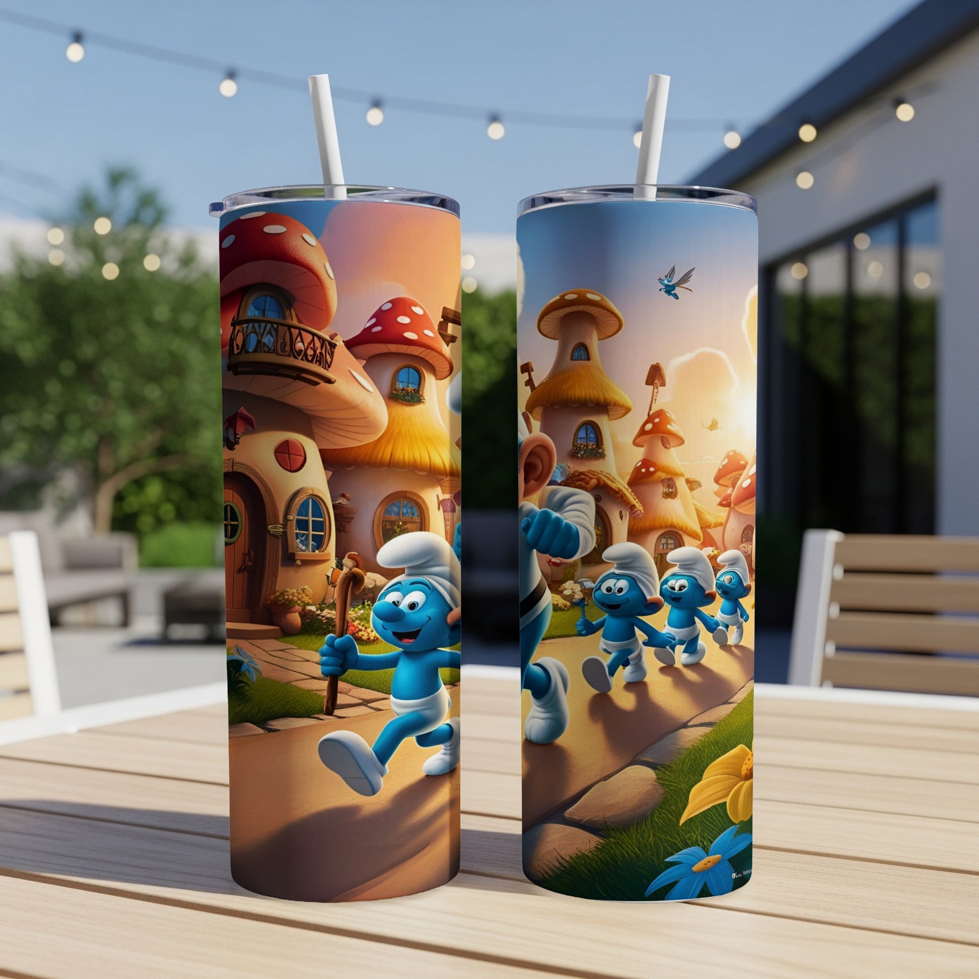 Two Smurf tumblers with Smurfs marching in front of mushroom houses.