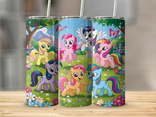 My Little Pony characters on a floral background with trees and butterflies.