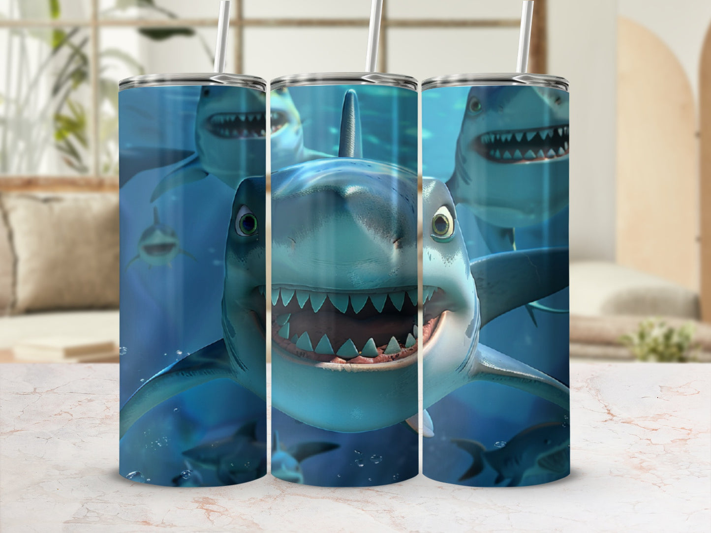 Three cartoon sharks with open mouths and sharp teeth on a blue background.