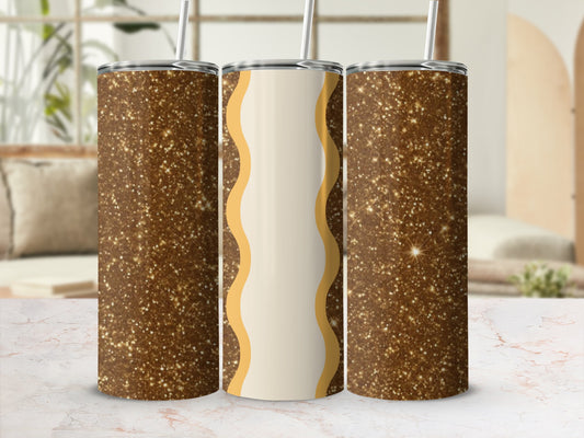 Three tall, skinny tumblers with a speckled gold glitter design.
