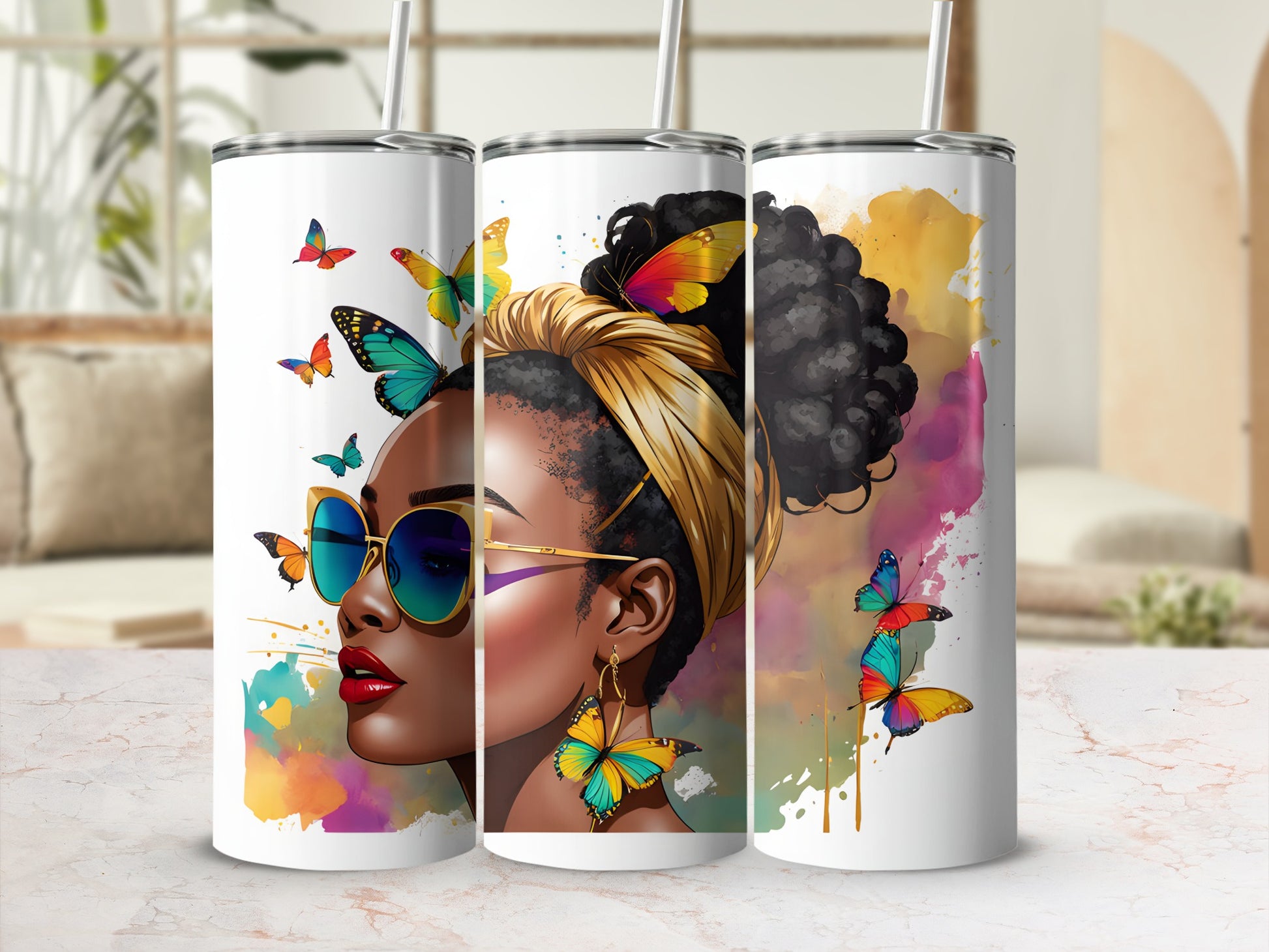 Woman with sunglasses and colorful butterflies on a tumbler.