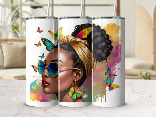 Woman with sunglasses and colorful butterflies on a tumbler.