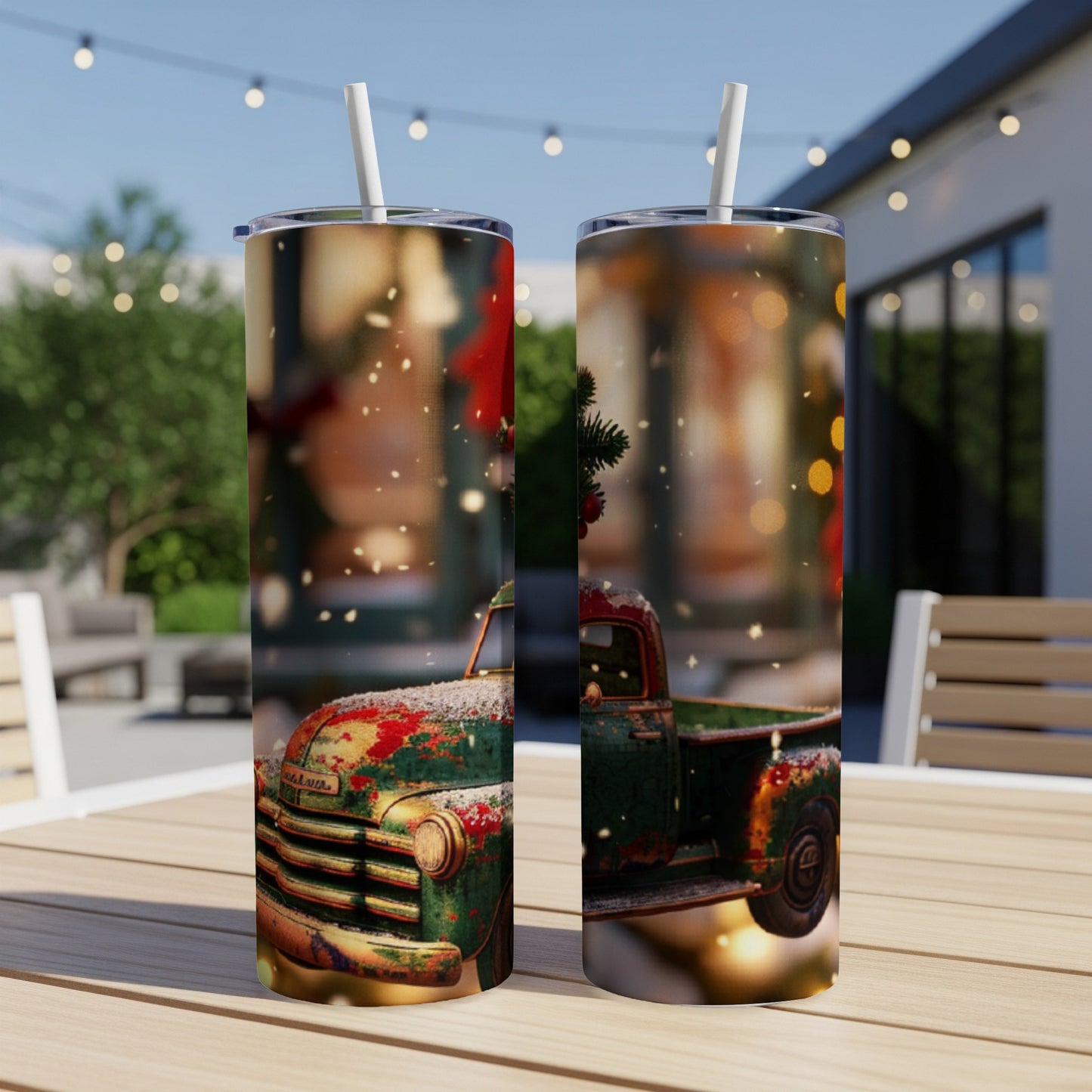 Two vintage green trucks decorated for Christmas on a patio table.