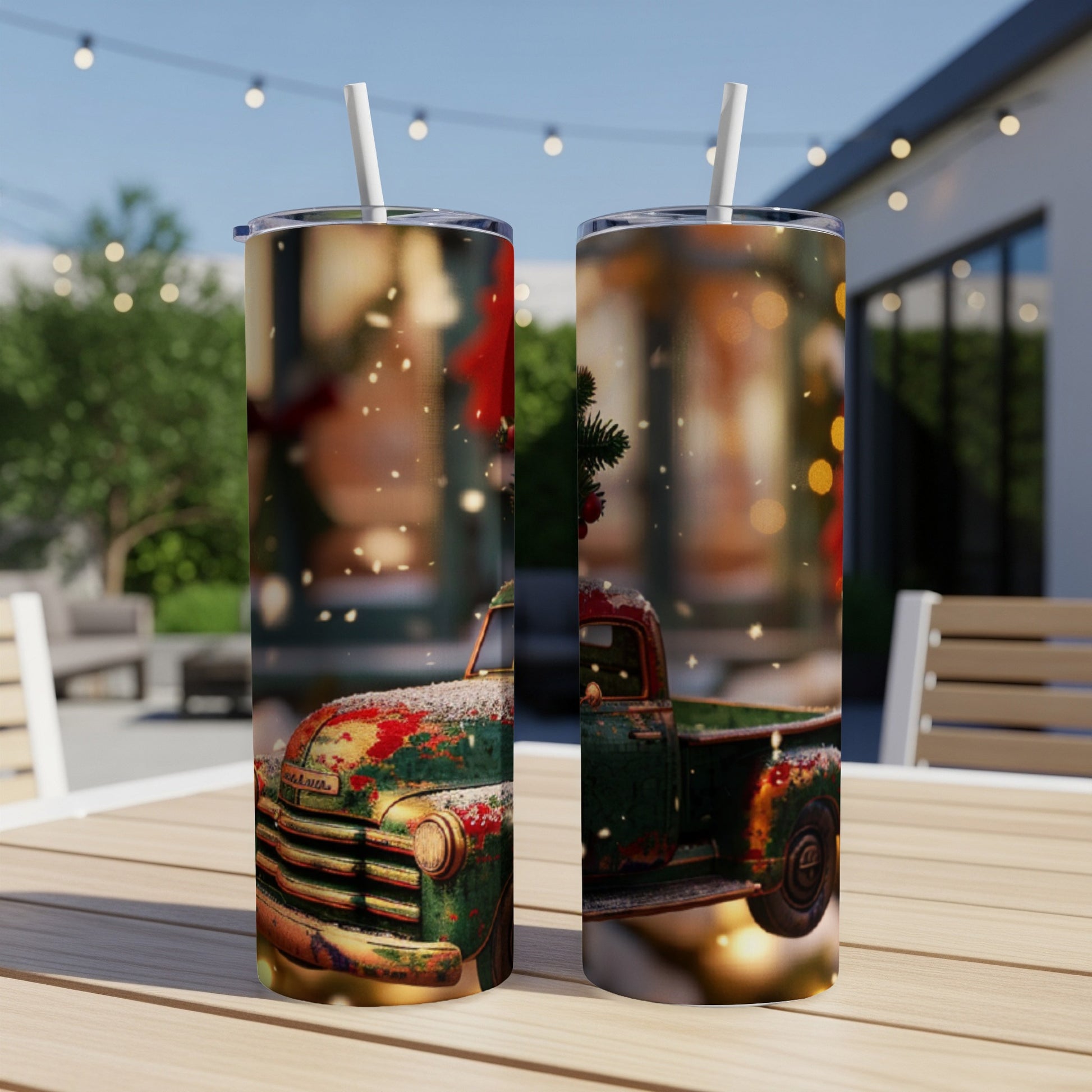 Two vintage green trucks decorated for Christmas on a patio table.