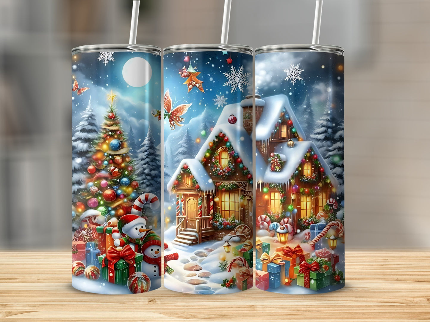 Festive Christmas Snowman and Cottage Themed Tumbler