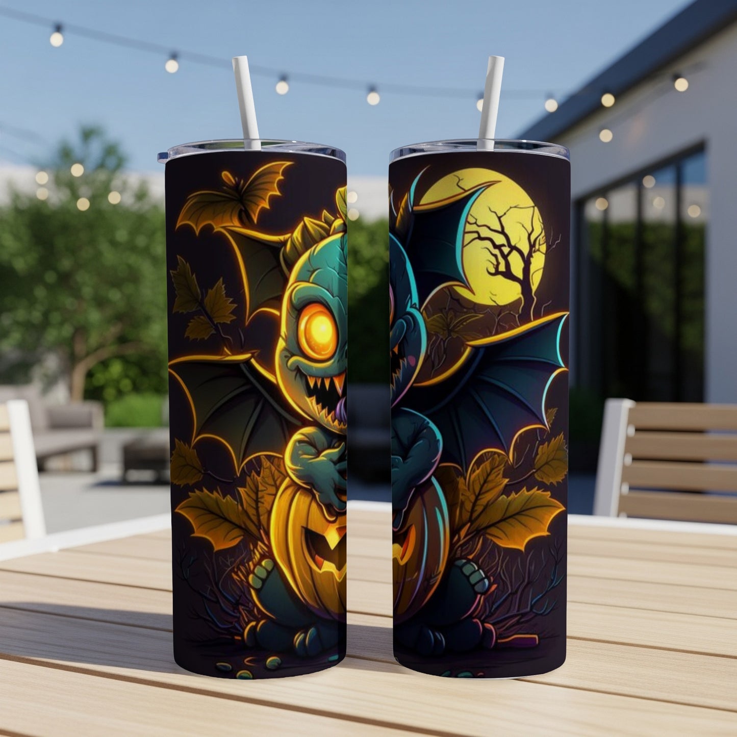 Two tumblers featuring a cartoon dragon holding a pumpkin and bats.