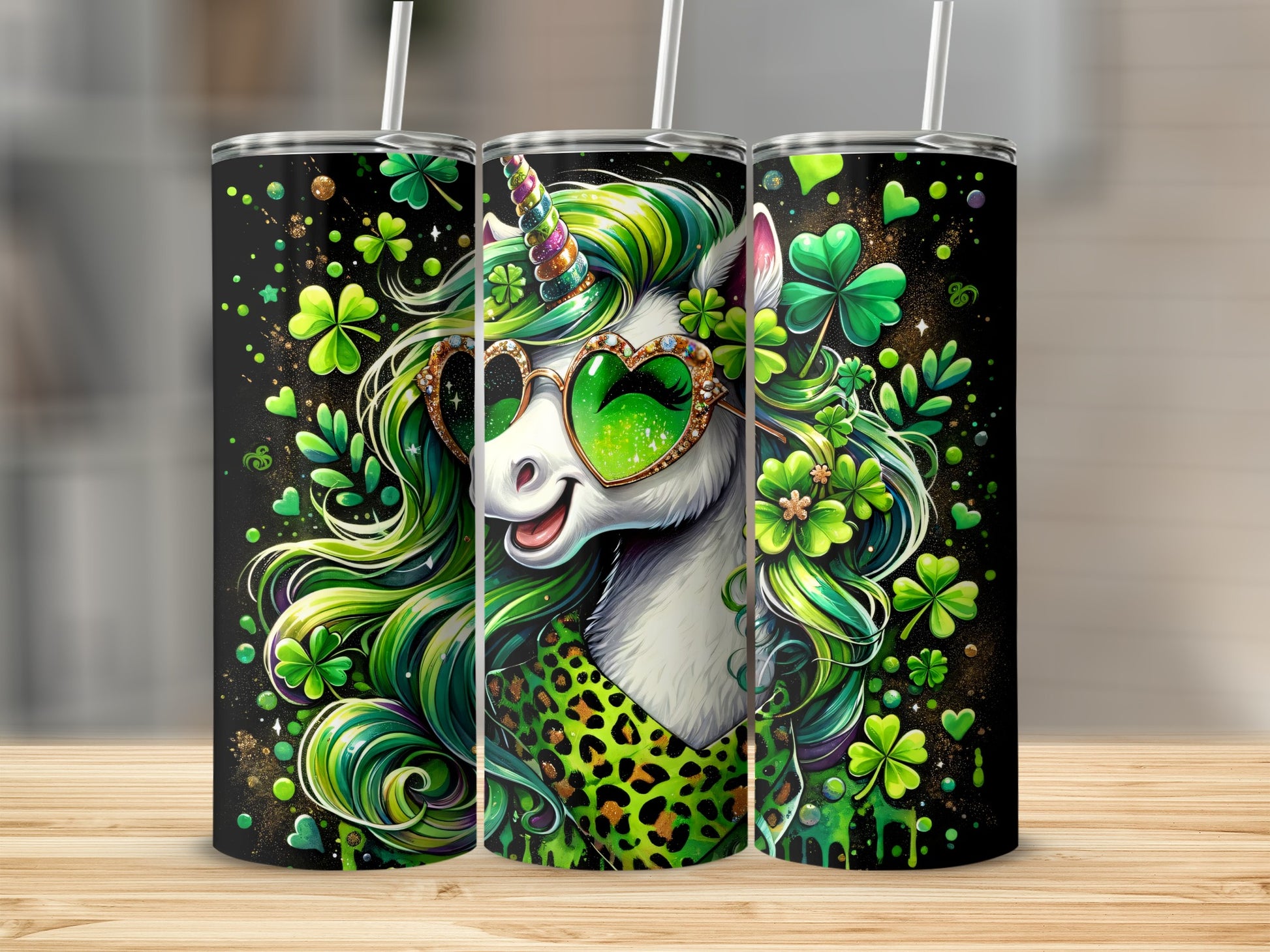 Unicorn wearing shamrock sunglasses, leopard print top, surrounded by shamrocks and glitter.