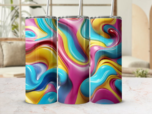 Three tumblers with a swirling, colorful abstract design.