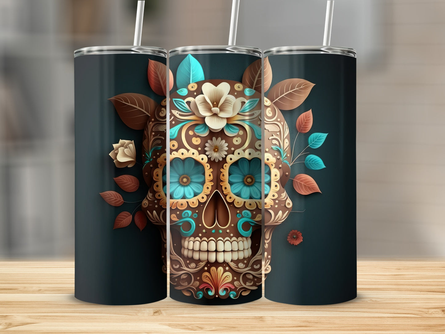 Colorful Skull Tumbler with Floral Design Clean Pattern