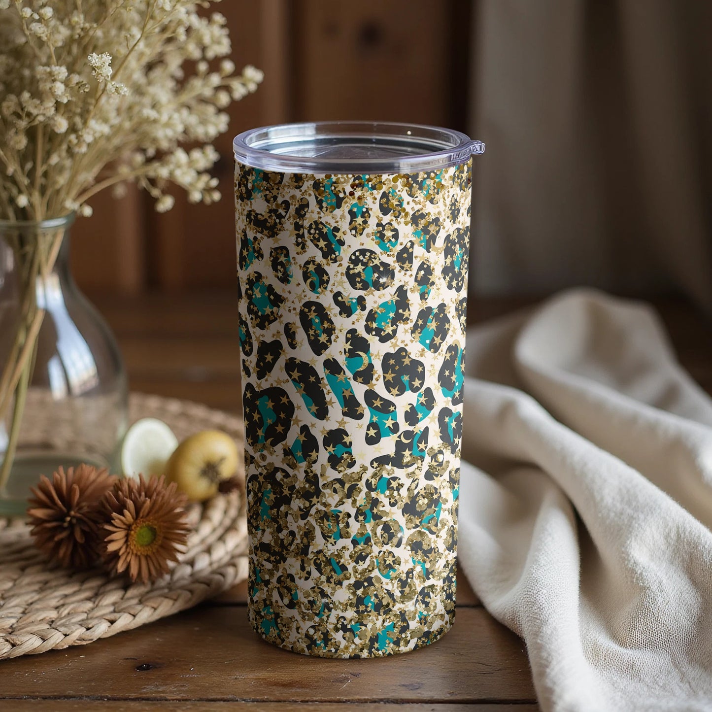 Leopard Print Insulated Tumbler with Gold and Teal Design