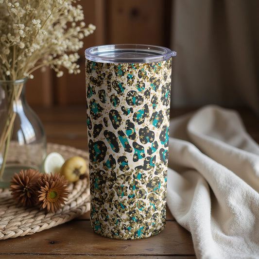 Leopard Print Insulated Tumbler with Gold and Teal Design