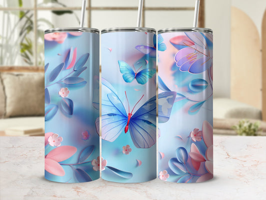 Three tumblers with a watercolor butterfly and floral design.