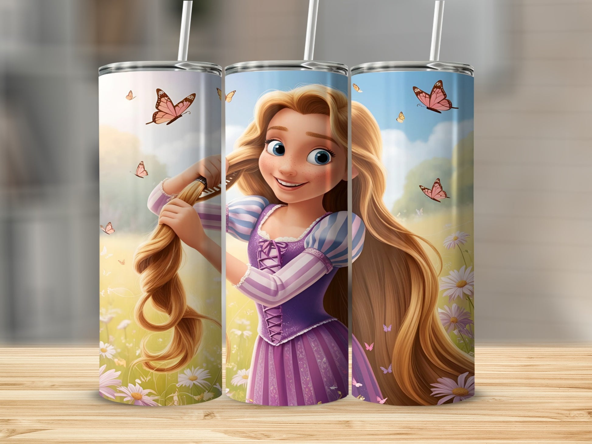 Rapunzel brushing her long blonde hair, surrounded by butterflies and flowers.