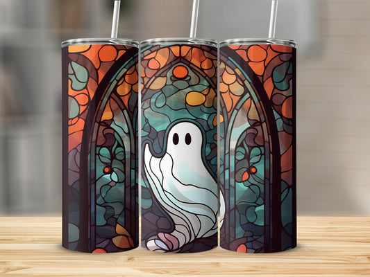 Ghost in stained glass design on a three-panel tumbler.