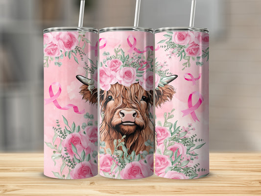 Highland cow with pink floral wreath and breast cancer awareness ribbons.