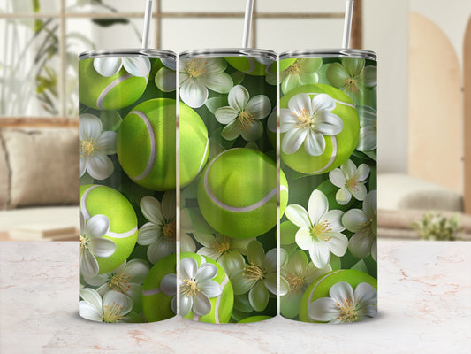 Triptych of tumblers featuring tennis balls and white floral pattern.