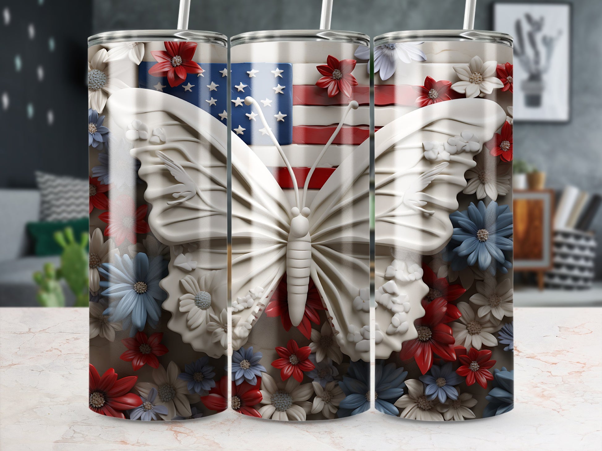 Butterfly, American flag, and floral pattern on a three-pack of tumblers.