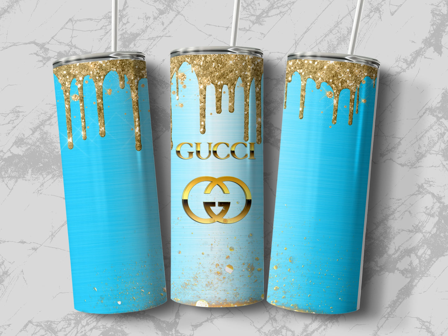 Gold Dripping Blue Insulated Tumbler With Straw