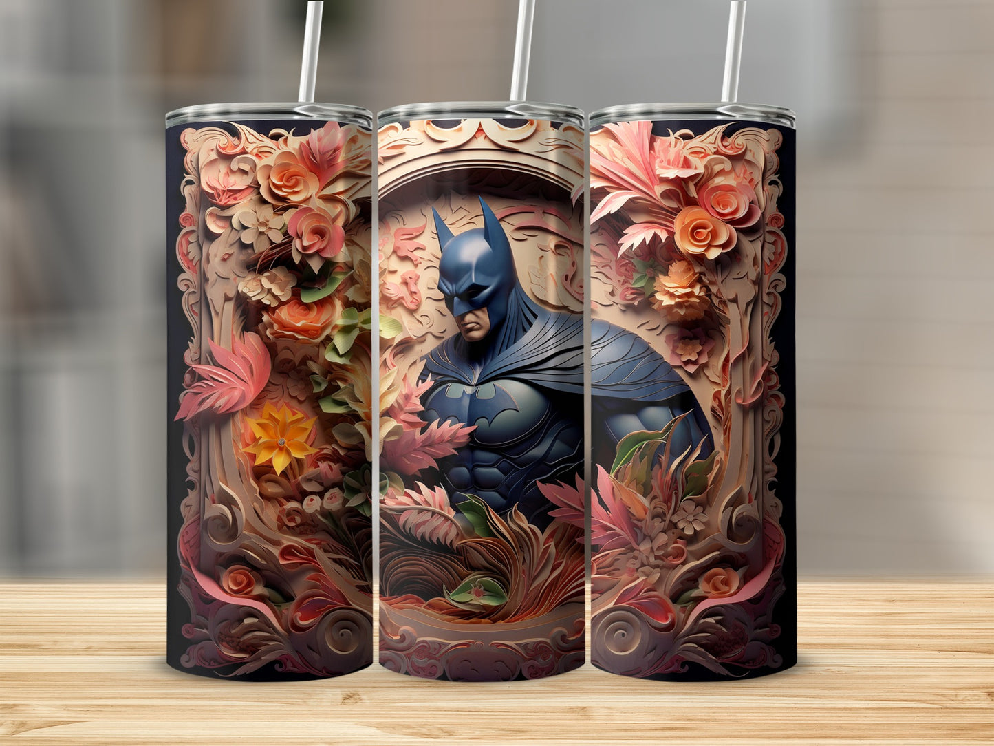 Intricate Floral Batman Design Insulated Tumbler Cup