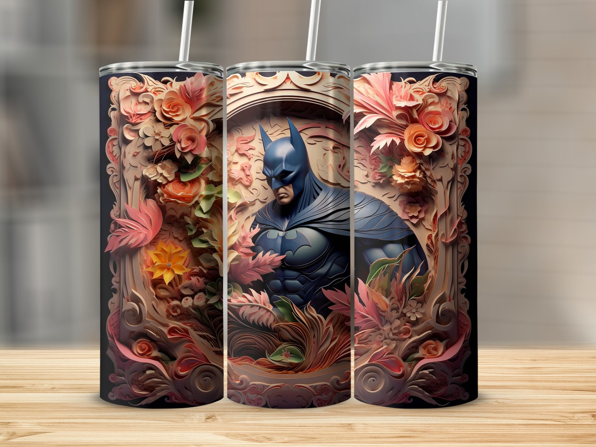 Intricate Floral Batman Design Insulated Tumbler Cup