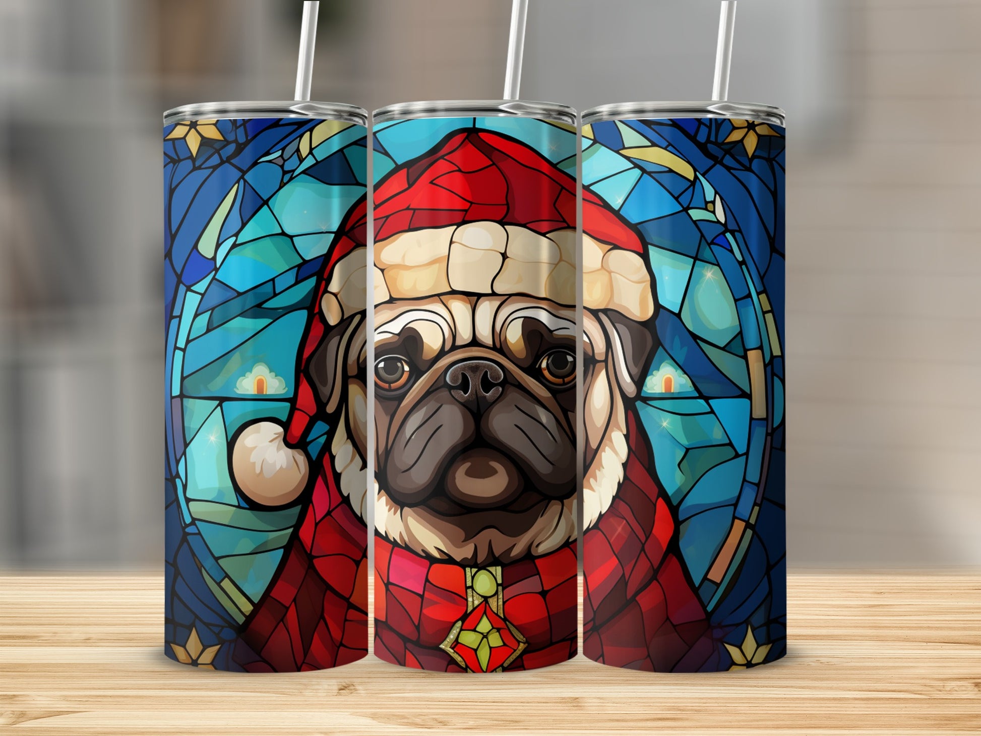 Stained glass pug in Santa hat on a blue background, presented as a tumbler.