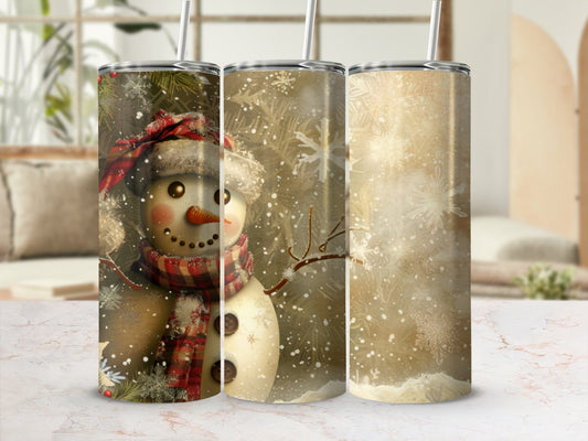 Snowman wearing a red and white scarf and hat on a tumbler.