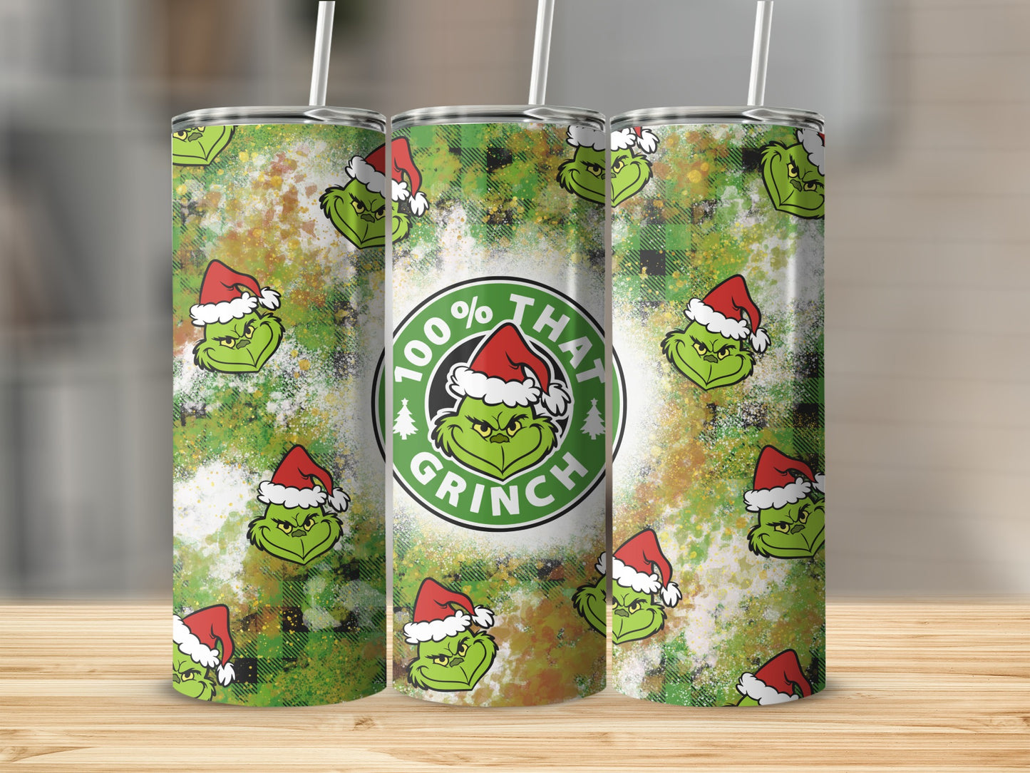 Grinch pattern on a tumbler with text "100% that Grinch".