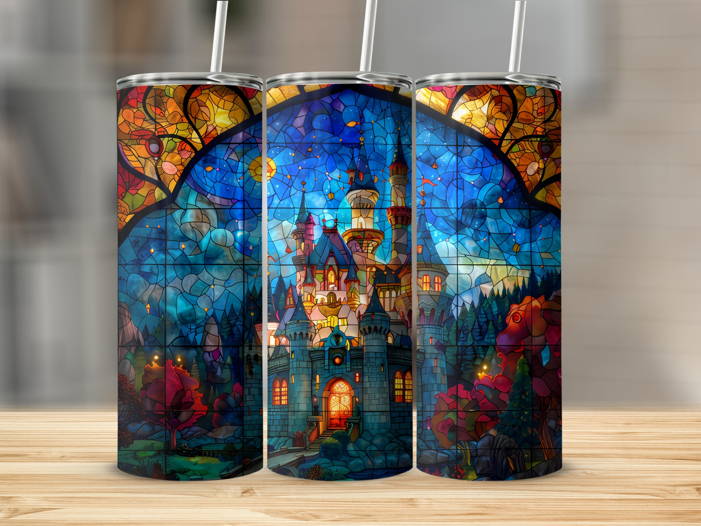 Three tumblers with a stained-glass castle and starry sky design.