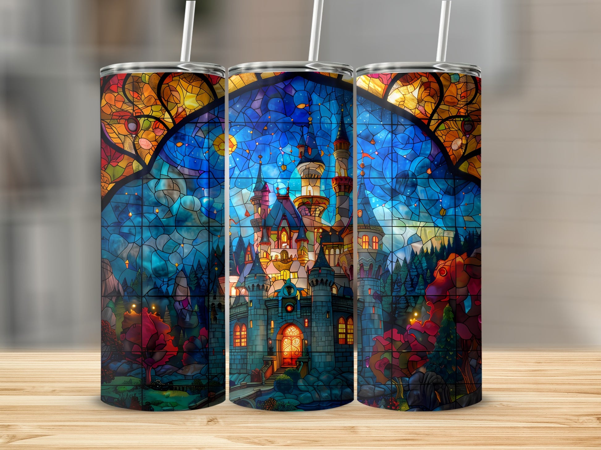 Three tumblers with a stained-glass castle and starry sky design.
