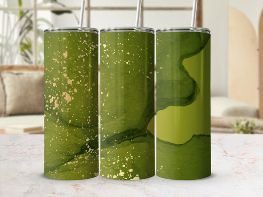 Three green tumblers with gold speckles and abstract green paint designs.