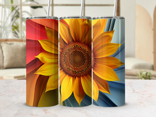 Three tumblers featuring large, detailed sunflowers with colorful abstract backgrounds.