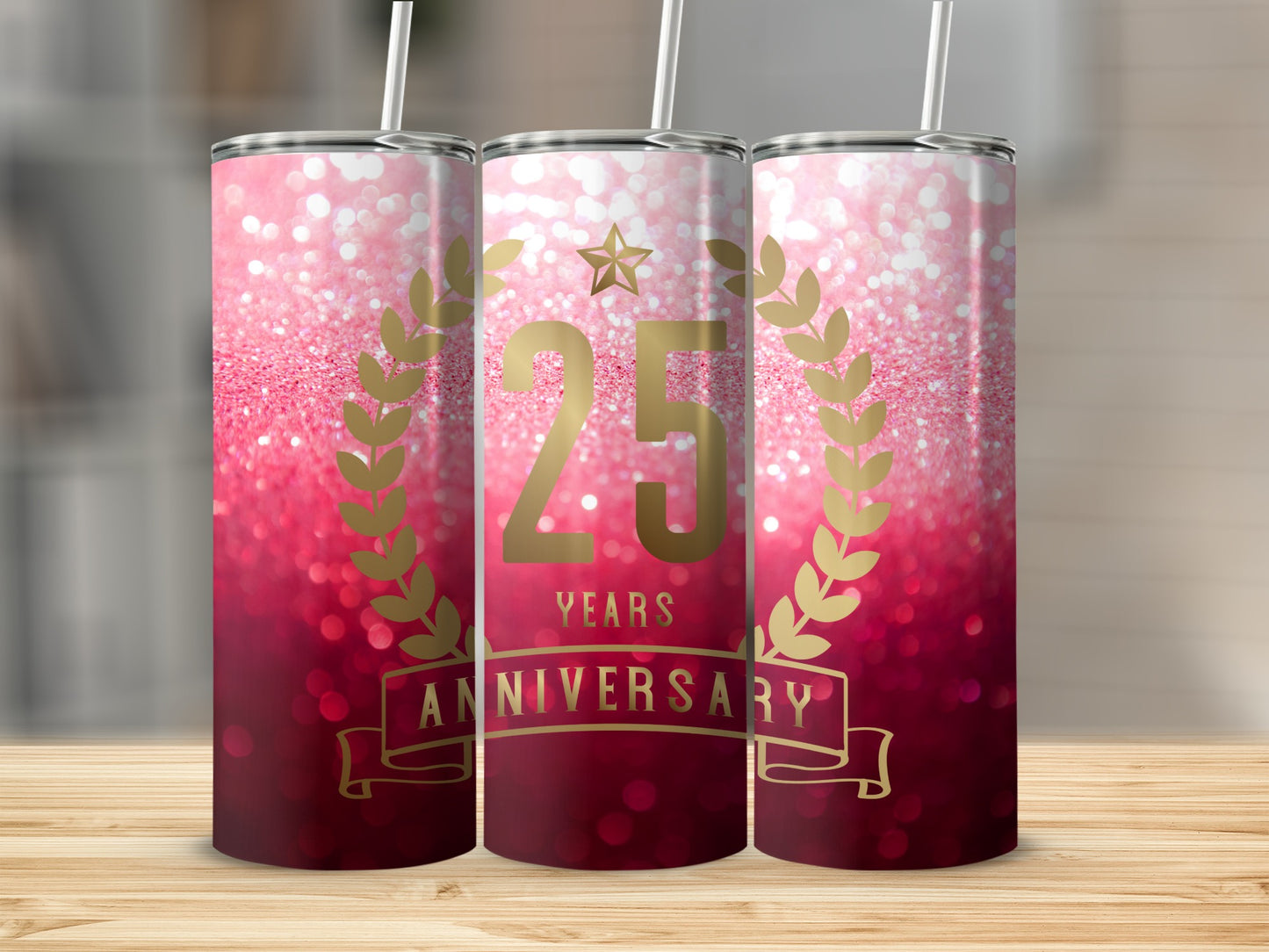 Pink ombre tumbler with gold "25 Years Anniversary" text and laurel wreath.
