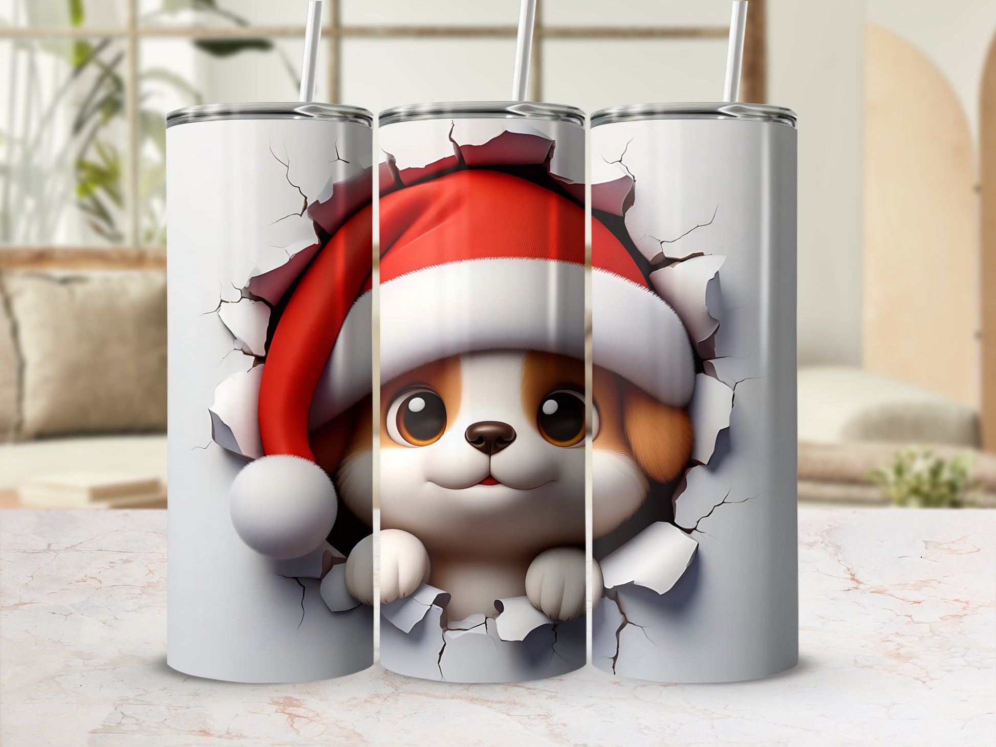 Puppy wearing a Santa hat peeking through a torn opening.