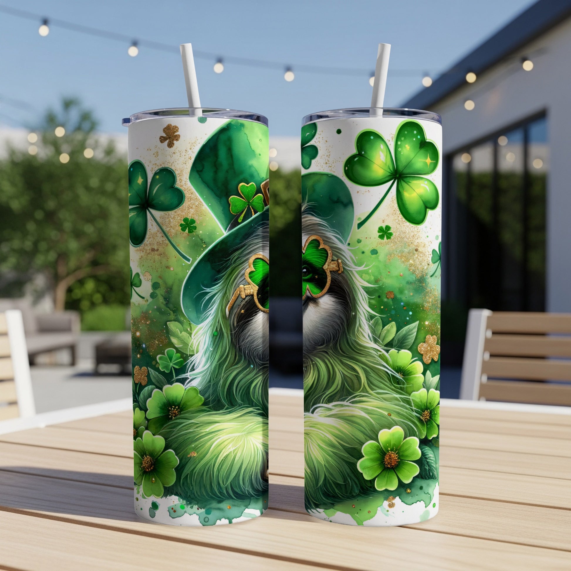 Sloth in green hat and clover glasses, surrounded by shamrocks and glitter.