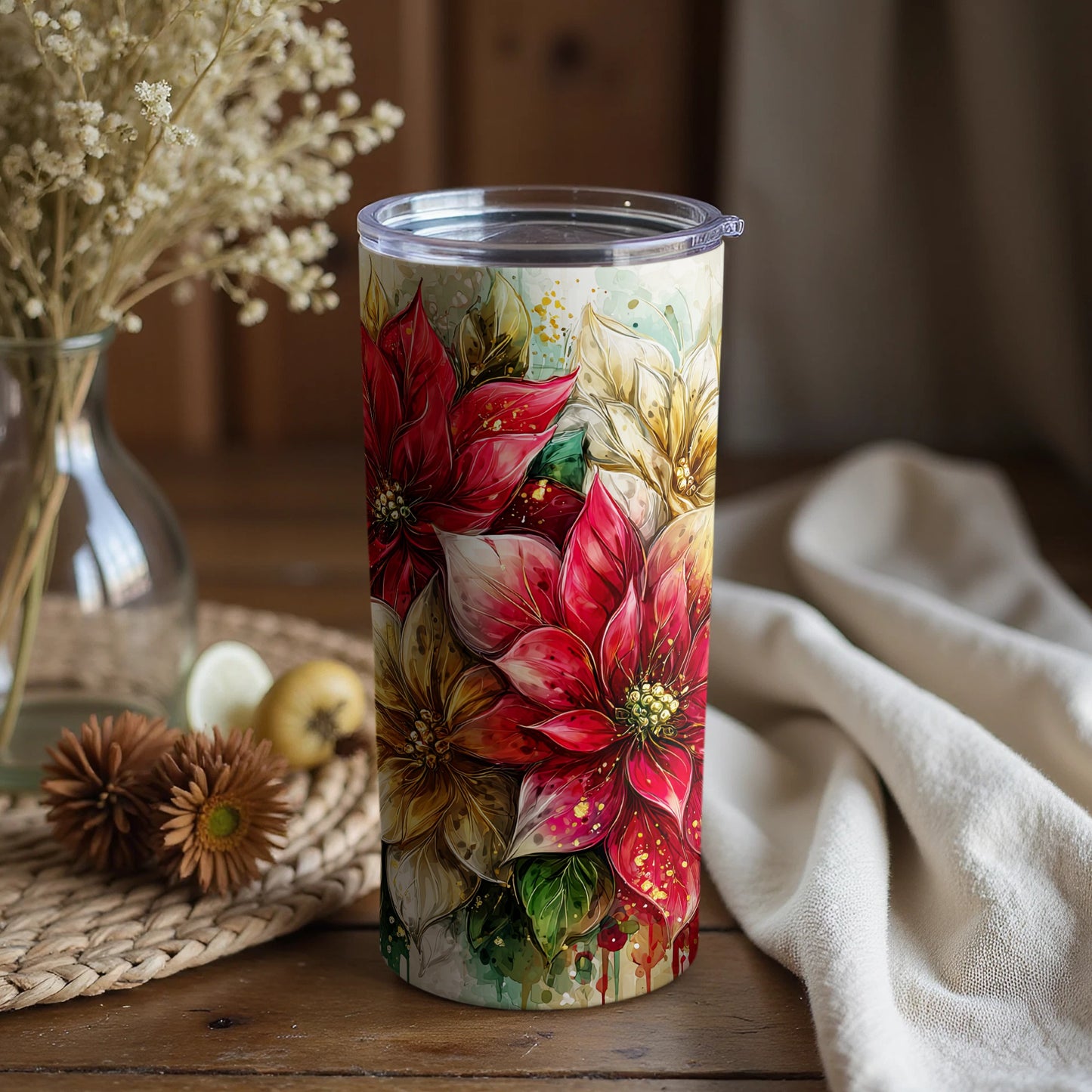Festive Floral Tumbler with Colorful Poinsettia Design
