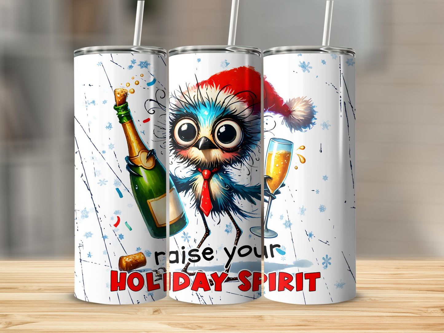 Cute owl in Santa hat holding champagne, "RAISE YOUR HOLIDAY SPIRIT" text.