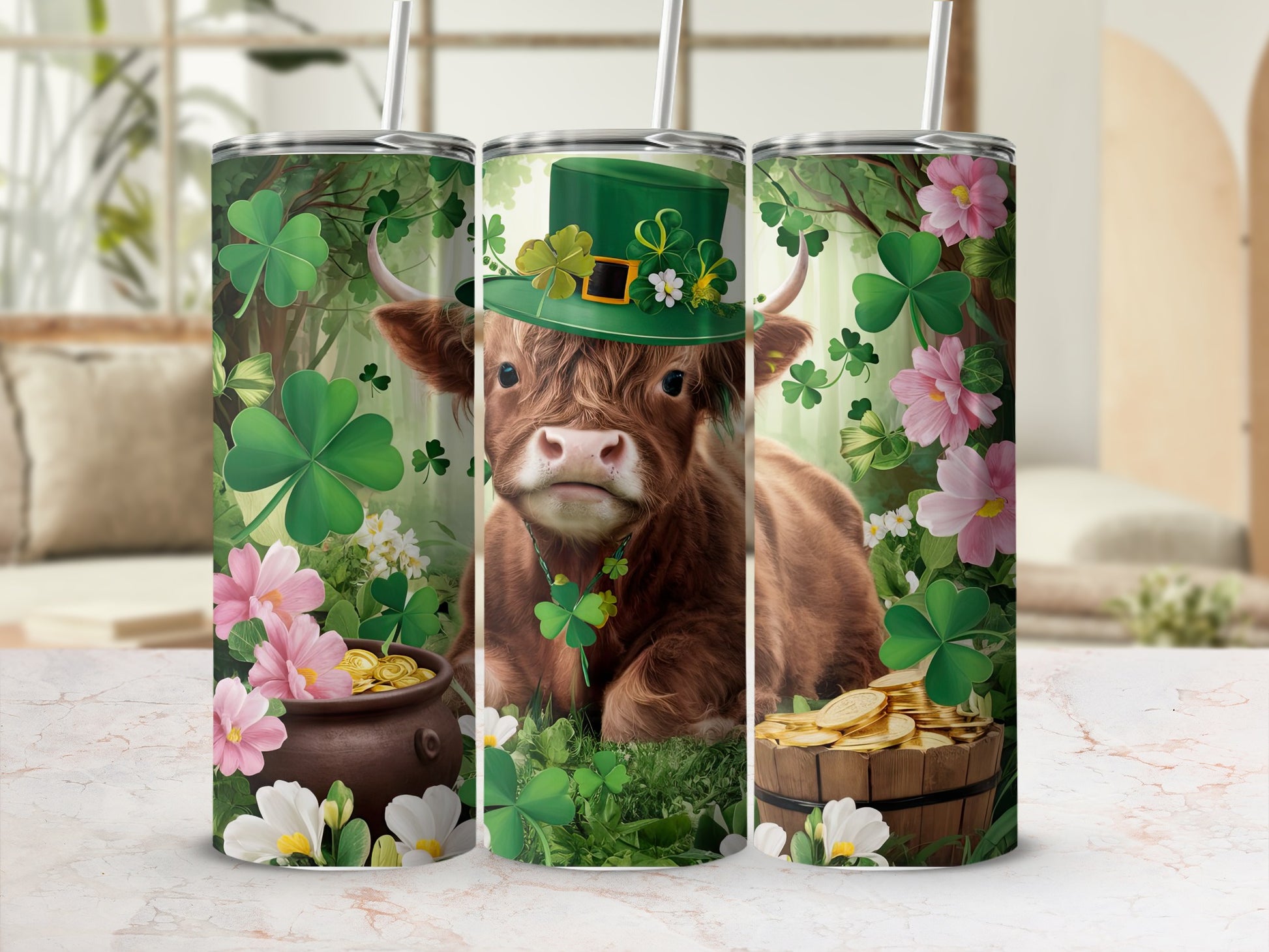 Cow wearing a green hat and shamrock necklace, surrounded by clover and flowers.