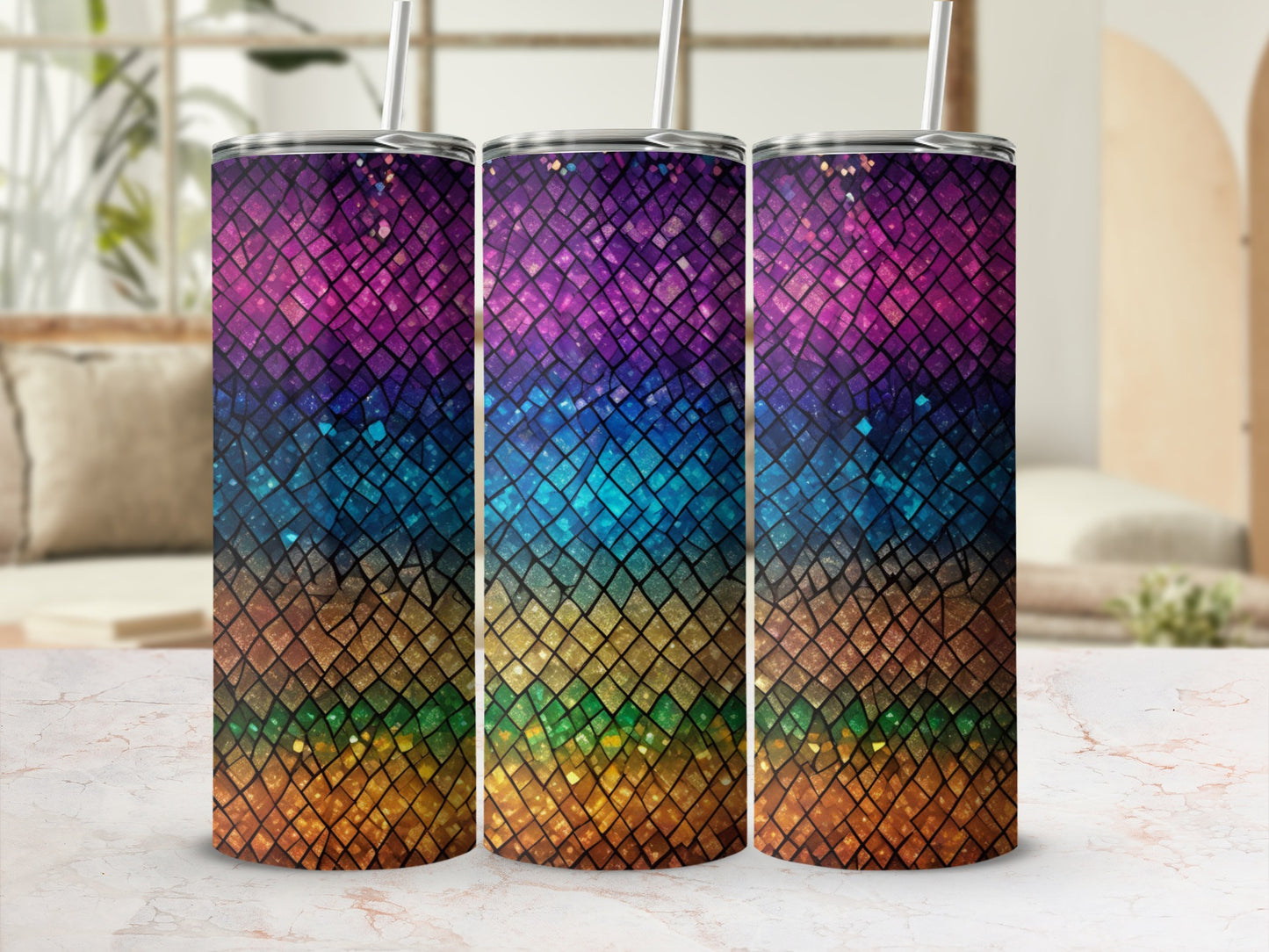 Three tumblers with a colorful mosaic diamond pattern.