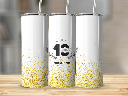 Three white tumblers with gold glitter and "Happy 10 Years Anniversary" text.
