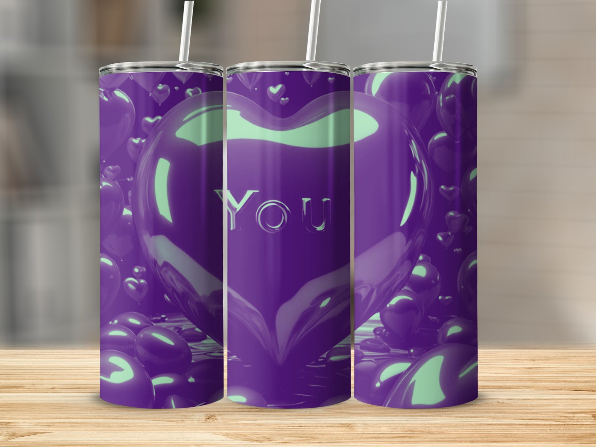 Purple heart tumbler with "You" text, surrounded by smaller hearts.